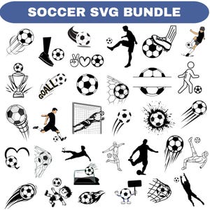 以下が含まれることがあります： 白黒のサッカーをテーマにしたSVGグラフィックのコレクション。このバンドルには、動いているサッカーボール、プレーヤー、ゴールネットが含まれています。「SOCCER SVG BUNDLE」というテキストが上部にあります。
