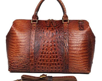 Women Crocodile Grain Pattern Duffle Bag Men Weekender Genuine Leather Travel Bag