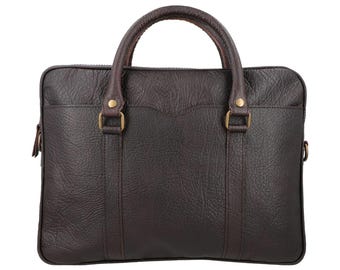 Classic Dark Brown Leather Briefcase with Shoulder Strap