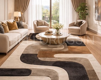Abstract Wave Area Rug | Modern Neutral Beige Brown Carpet