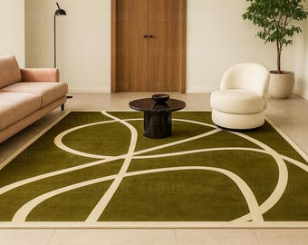 Olive Green Abstract Line Rug | Modern Geometric Carpet