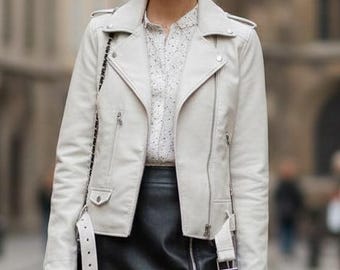 Women Leather Jacket – Handmade Genuine Leather Moto Biker Coat, Elegant Ivory White Leather Jackets for Women