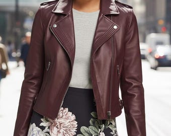 Womens Burgundy Leather Biker Jacket – Cropped Genuine Leather Moto Jackets, Stylish Fall Fashion Outerwear for Women