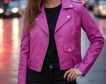 Womens Fuchsia Leather Biker Jacket – Cropped Genuine Leather Moto Jackets, Bold Pink Street Style Outerwear for Women