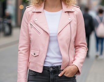 Damenlederjacke - Handgefertigter Moto Biker-Mantel aus echtem Leder, weiche Blush-Pink-Jacke für Damen