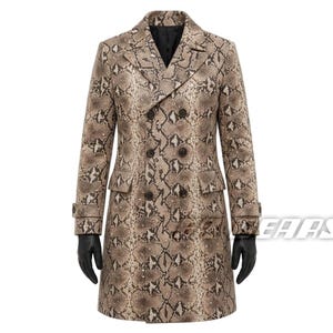 Luxury Women's Python Print Leather Trench Coat - Snake Skin Textured Double-Breasted Long Coat