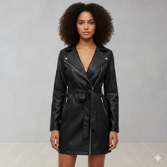 slim fit dress slacks BACK TO BUSINESS FAUX LEATHER DETAIL PLEATED BLAZER DRESS – AKIRA main image 1