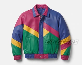 80s Retro Bomber Jacket, Color Block Multicolor Leather Jackets