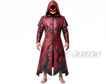 May include: A long, hooded, dark red leather coat featuring a full-length front zipper, a cape-style shoulder overlay, and black flame-shaped appliques along the hem and sleeves. The hood obscures the face with a glowing orange jack-o'-lantern mask.
