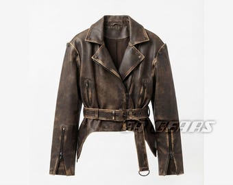 Distressed Brown Leather Biker Jacket | Vintage Moto Coat with Asymmetric Hem