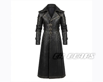 Handmade Black Studded Leather Trench Coat – Steampunk Gothic Warrior Long Coat