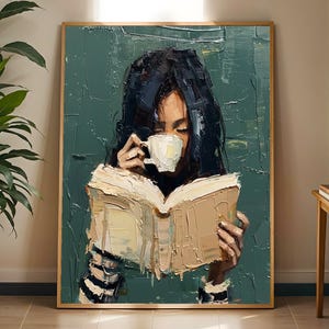 Reading Woman Oil Painting Print, Cozy Coffee Reader Artwork, Book Lover Library Decor