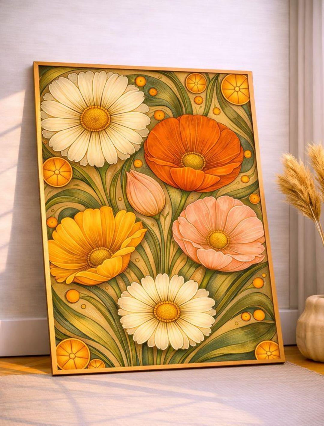 Retro Botanical Wall Art – Mustard Yellow Floral Print, Mid-century ...