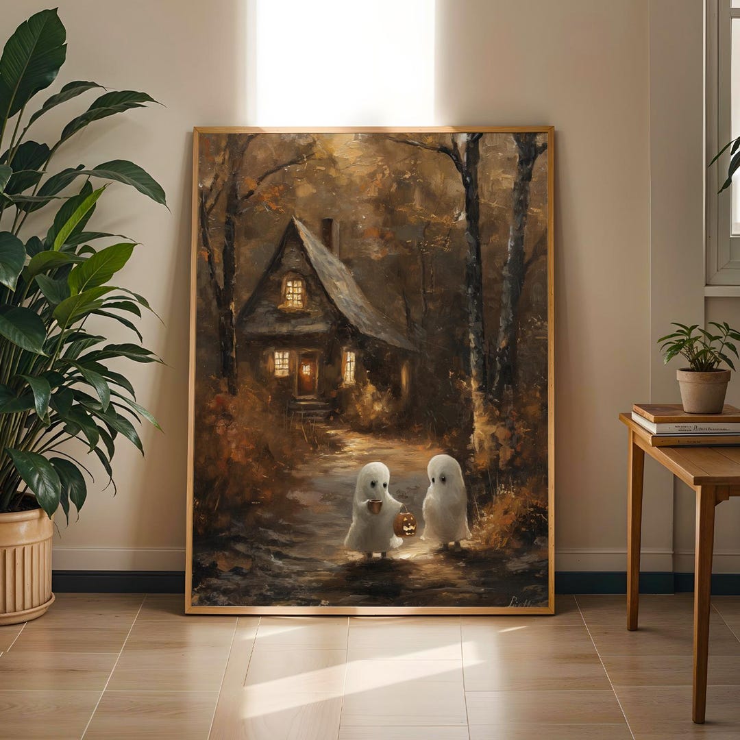 Vintage Ghost Halloween Print – Haunted Cottage Autumn Wall Art (print ...