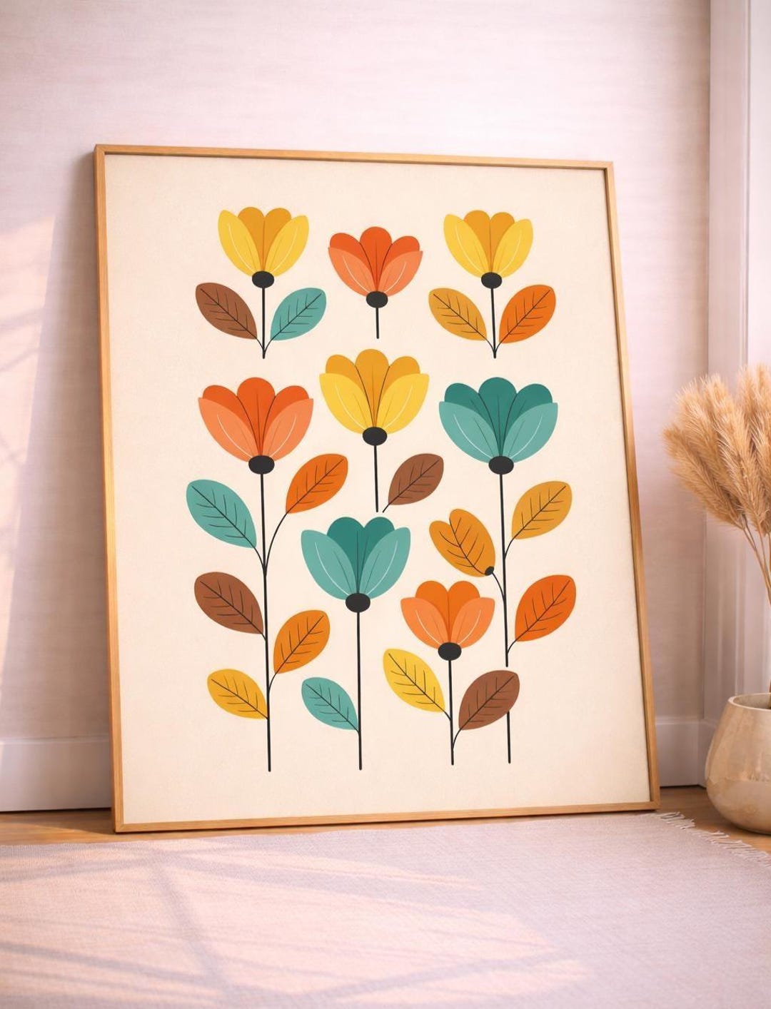 Mid Century Modern Floral Art Print, Retro Scandinavian Botanical Decor ...