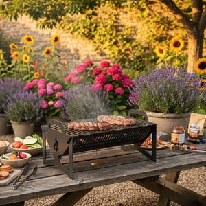 Könnte beinhalten: Ein tragbarer Grill aus schwarzem Metall mit brutzelnden Steaks auf einem Holztisch. Der Grill hat ein Flammenmuster an der Seite. Schüsseln mit Gemüse und Gewürzen stehen daneben, mit einem Blumengarten im Hintergrund.