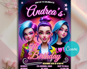 Invitación de cumpleaños editable, fiesta temática de anime pop, invitación de cumpleaños de anime colorida, invitación de cumpleaños infantil, invitación de anime, plantilla de Canva