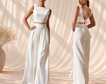 SET Brauthose + Braut Top | Standesamt Outfit | wedding suit |weite Palazzo Hose ivory & Oberteil | Zweiteiler Hochzeit