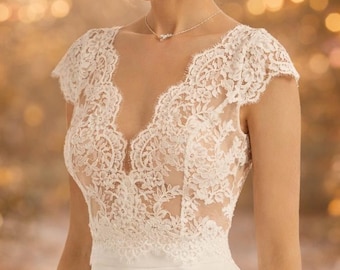 Braut-Top Spitze Ivory | V-Ausschnitt & Kurzarm | Hochzeits oberteil | Boho Zweiteiler | Brautmode Standesamt | Mix and Match