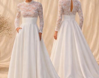 SET Brautrock Mikado mit Schleppe ivory + Brautbody Spitze | Standesamt Outfit Braut Zweiteiler | Brautkleid Langarm
