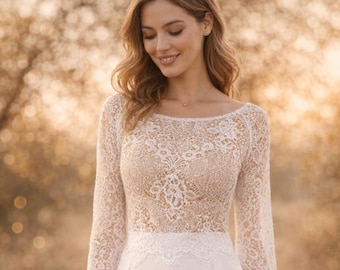 Braut Oberteil Langarm Spitze | lange Ärmel | langarm - ivory - Standesamt Braut Top Hochzeit