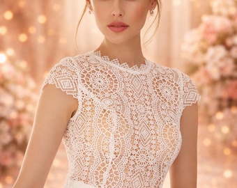Top da sposa in pizzo stile boho | Top da sposa a maniche corte con bottoni sul retro | Abito per cerimonia civile | Completi da sposa | Top da sposa vintage avorio