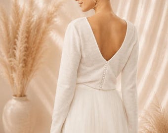 Ivory fine knit bridal sweater | Bridal bolero, long sleeves with V-back and button placket, for civil ceremony & winter wedding