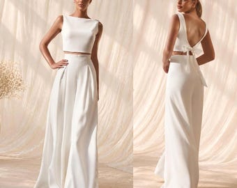 SET Brauthose + Braut Top | Standesamt Outfit | wedding suit |weite Palazzo Hose ivory & Oberteil | Zweiteiler Hochzeit