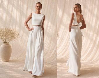 SET für Standesamt Braut Hose + Oberteil | Palazzo Brauthose & Brauttop mit tiefem Rücken | Brautkleid Alternative | Braut Jumpsuit Hochzeit