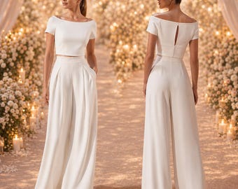 SET - weite Brauthose & Brautoberteil ivory - Zweiteilig - Braut Zweiteiler modern, Standesamt Outfit, minimalistisch Braut Set Hose Top