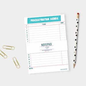 May include: A white notepad with the text "PROCRATINATION AGENDA" and task list. A pencil with black polka dots and gold paper clips are next to the notepad. The notepad has 50 pages and is 5x7 inches.