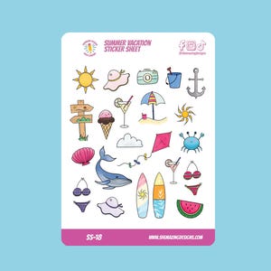 Summer Vacation Sticker Sheet | Kiss-Cut Beach & Tropical Stickers for Planners, Journals, Scrapbooks | Weather-Resistant Vinyl
