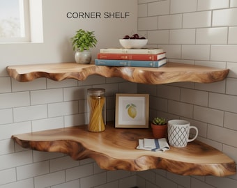 Estante de esquina de madera maciza con borde natural, estante flotante rústico de pared, diseño de borde de árbol natural, decoración rústica para el hogar, estante hecho a mano