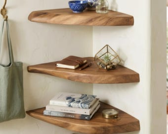 Handmade Live Edge Corner Shelf, Natural Solid Wood Floating Shelf, Rustic Farmhouse Wall Decor, Space Saving Wooden Corner Shelf