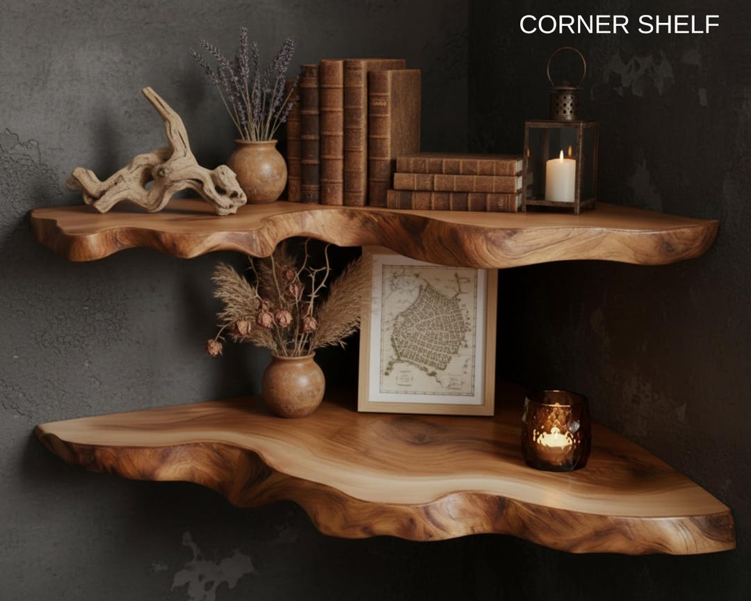Rustic Live Edge Corner Shelf, Solid Wood Floating Shelf for Wall ...