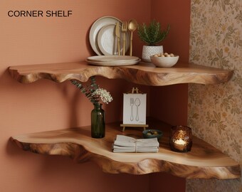 Set di 3 mensole galleggianti angolari in Legno massello a Parete, mensole da Parete in Legno a Forma di L for Soggiorno, Camera da Letto, Ufficio, Bagno, Cucina e Decorazione (Color
