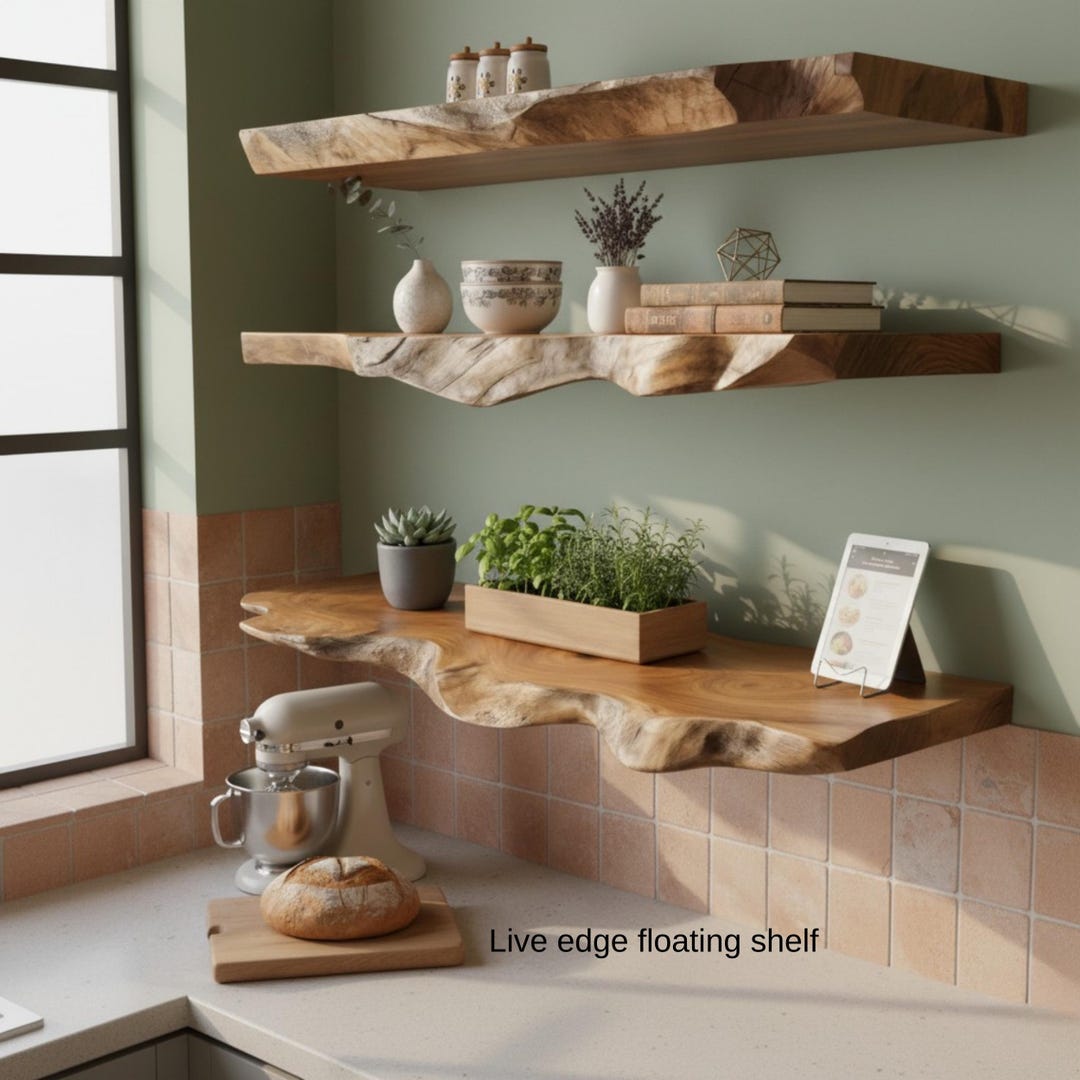 Floating Live Edge Wood Shelf, Handmade Solid Wooden Wall Shelf With ...
