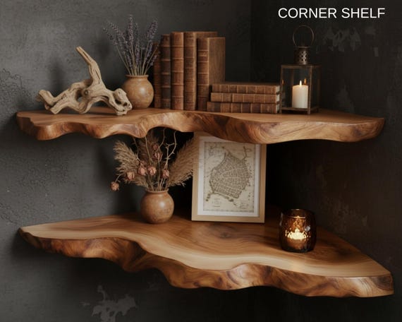 Rustic Wood Corner Shelf - Handcrafted Live Edge Corner Wall Shelf - Floating Corner Shelves - Corner Handmade Floating Wood Shelf