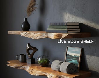 Live Edge Floating Shelf Solid Wood Design, Natural Tree Edge Wooden Wall Shelf, Rustic Handmade Shelf for Farmhouse Home Decor