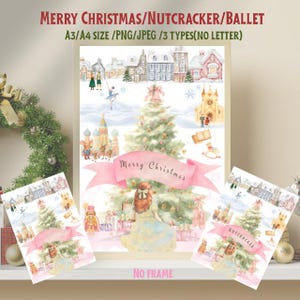 以下が含まれることがあります： クリスマスツリー、バレリーナ、建物が描かれた水彩画プリント。ピンクのバナーには「Merry Christmas」と書かれています。追加のプリントには、「Nutcracker」というテキストが表示された同様のシーンが描かれています。このアートワークは、お祝いの休日のテーマを連想させる、柔らかいパステルカラーパレットを使用しています。