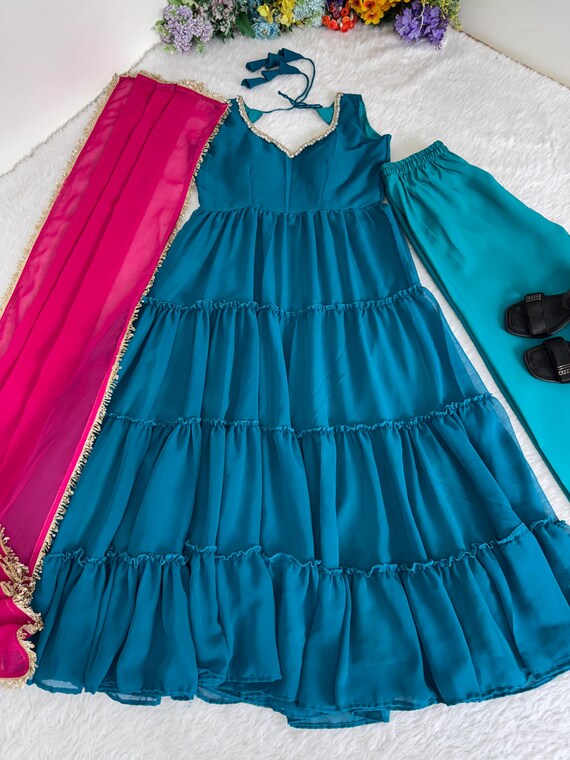 Turquoise Georgette Chiffon Gown with Dupatta & Pant | Party Wear Dress Turquoise Georgette Chiffon Gown with Dupatta & Pant | Party Wear Dress
