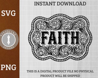 FAITH Western Belt Buckle SVG PNG Religious Ornate Floral Scrollwork Laser Engraving File Leather Hat Patch Design Vector Logo Cut Files