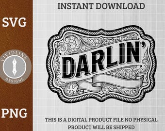 DARLIN' Western Scrollwork SVG PNG | Southern Charm Ornate Logo | Laser Engrave Leather Hat Patch Design Cut File