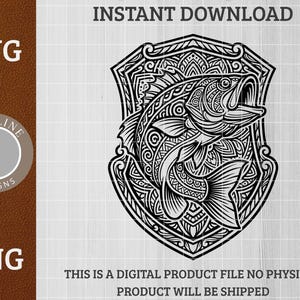 May include: Black and white digital design featuring a detailed fish illustration within a decorative shield. The image includes the text "SVG" and "PNG", along with the words "INSTANT DOWNLOAD". The design is labeled "VIVIDLINE DESIGNS". The text "THIS IS A DIGITAL PRODUCT FILE NO PHYSICAL PRODUCT WILL BE SHIPPED" is also included.