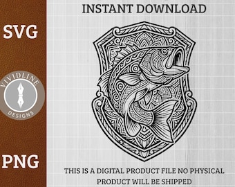 マンダラバスフィッシングSVG PNG | 精巧な魚のアートエンブレムロゴ | レーザー彫刻レザーハットパッチデザインカットファイル