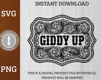 Giddy Up Western Belt Buckle SVG PNG Cowboy Command Ornate Floral Scrollwork Laser Engraving File Leather Hat Patch Design