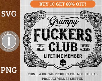 Grumpy Fuckers Club SVG PNG Vintage Western Engraved Badge Design Ornate Scrollwork Skull Laser Engraving File Cricut Cut File