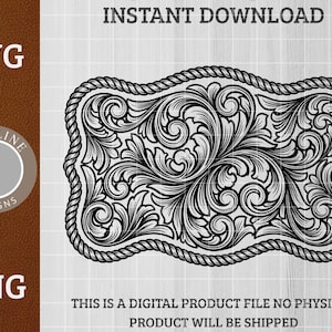 May include: Black and white SVG and PNG digital file of a decorative belt buckle design. The buckle features an ornate floral scroll pattern within a rope border. The words "SVG" and "PNG" are displayed, along with "INSTANT DOWNLOAD".