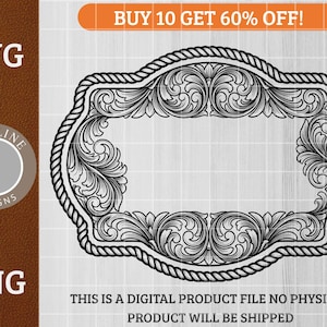 Könnte beinhalten: Schwarz-weiße SVG- und PNG-Digitaldatei eines verzierten, rechteckigen Rahmens mit einem seilartigen Rand. Der Rahmen weist komplizierte Blumen- und Scrollwork-Designs auf. Text enthält "BUY 10 GET 60% OFF!" und "DIES IST EINE DIGITALE PRODUKTDATEI, ES WERDEN KEINE PHYSISCHEN PRODUKTE VERSENDET."