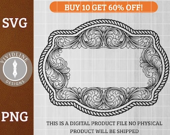 Western Belt Buckle SVG PNG Southern Greeting Cowboy Cowgirl Ornate Floral Scrollwork Laser Engraving File Leather Hat Patch Design